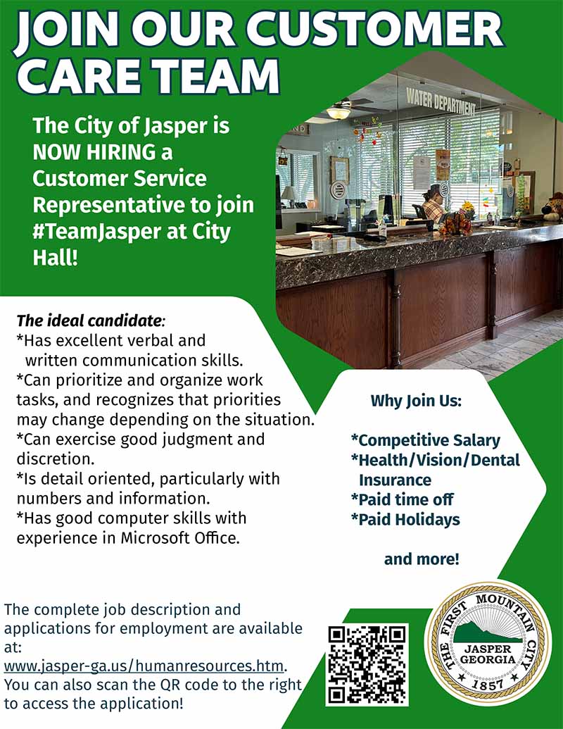 Current City of Jasper Now Hiring Customer Service Representative I